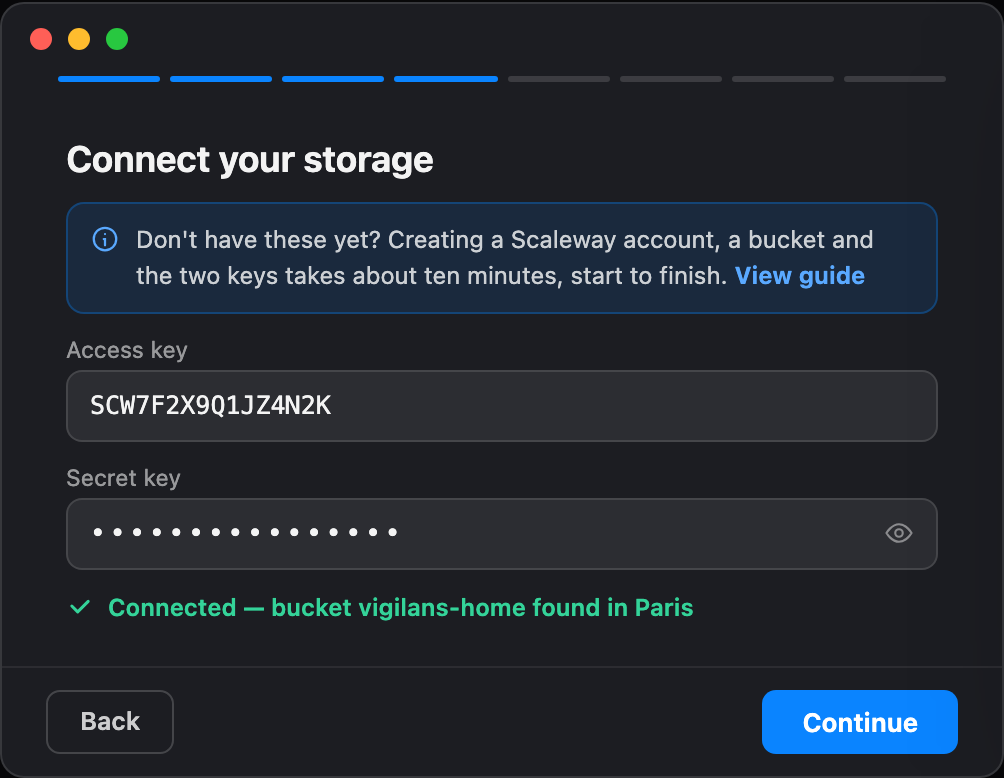 Onboarding step: Connect your storage, with access and secret key fields and a confirmation that the bucket was found in Paris