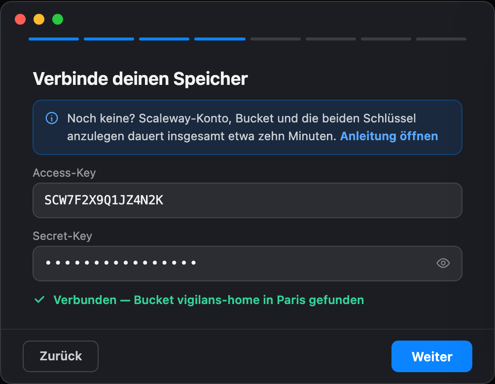 Einrichtungsschritt: Speicher verbinden, mit Feldern für Access- und Secret-Key und einer Bestätigung, dass der Bucket in Paris gefunden wurde
