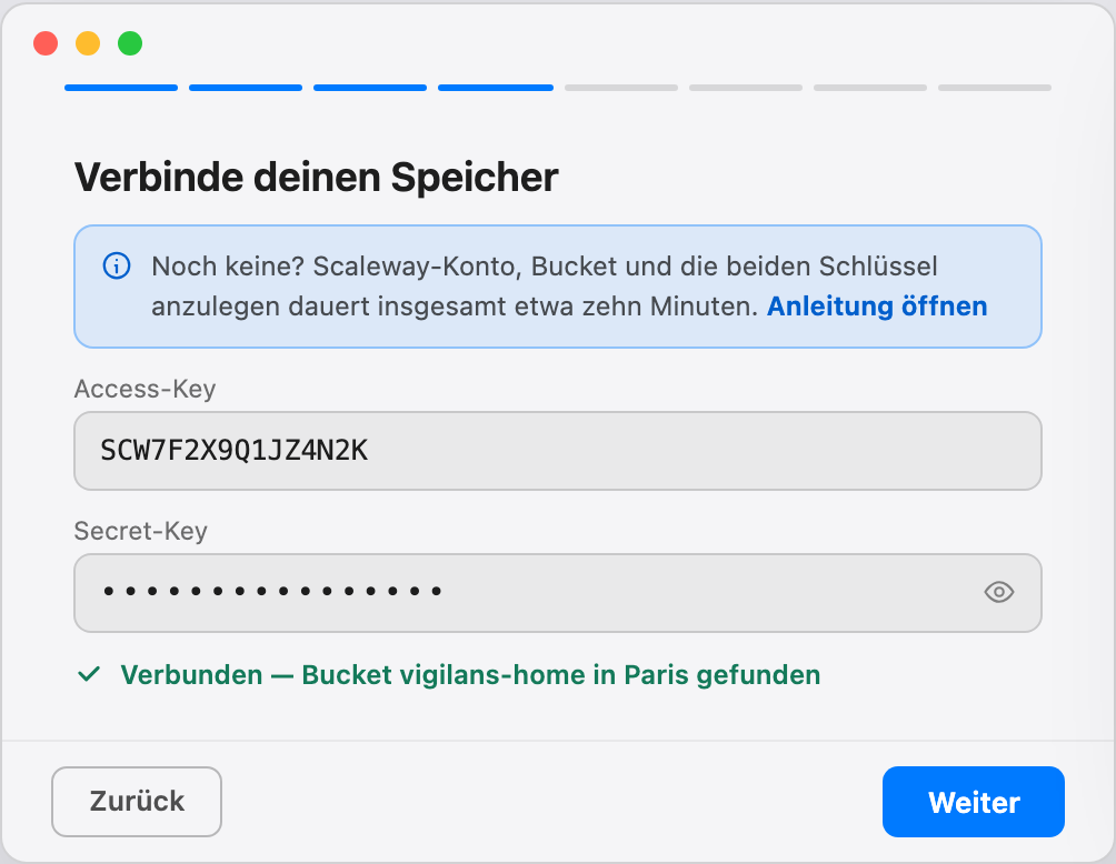 Einrichtungsschritt: Speicher verbinden, mit Feldern für Access- und Secret-Key und einer Bestätigung, dass der Bucket in Paris gefunden wurde